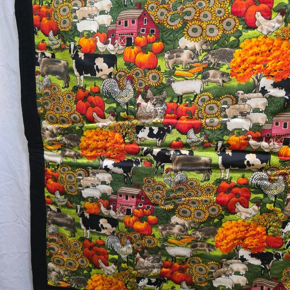 Farmhouse Autumn Harvest Quilted Tapestry Banner Pumpkin Sunflowers Barn Animals